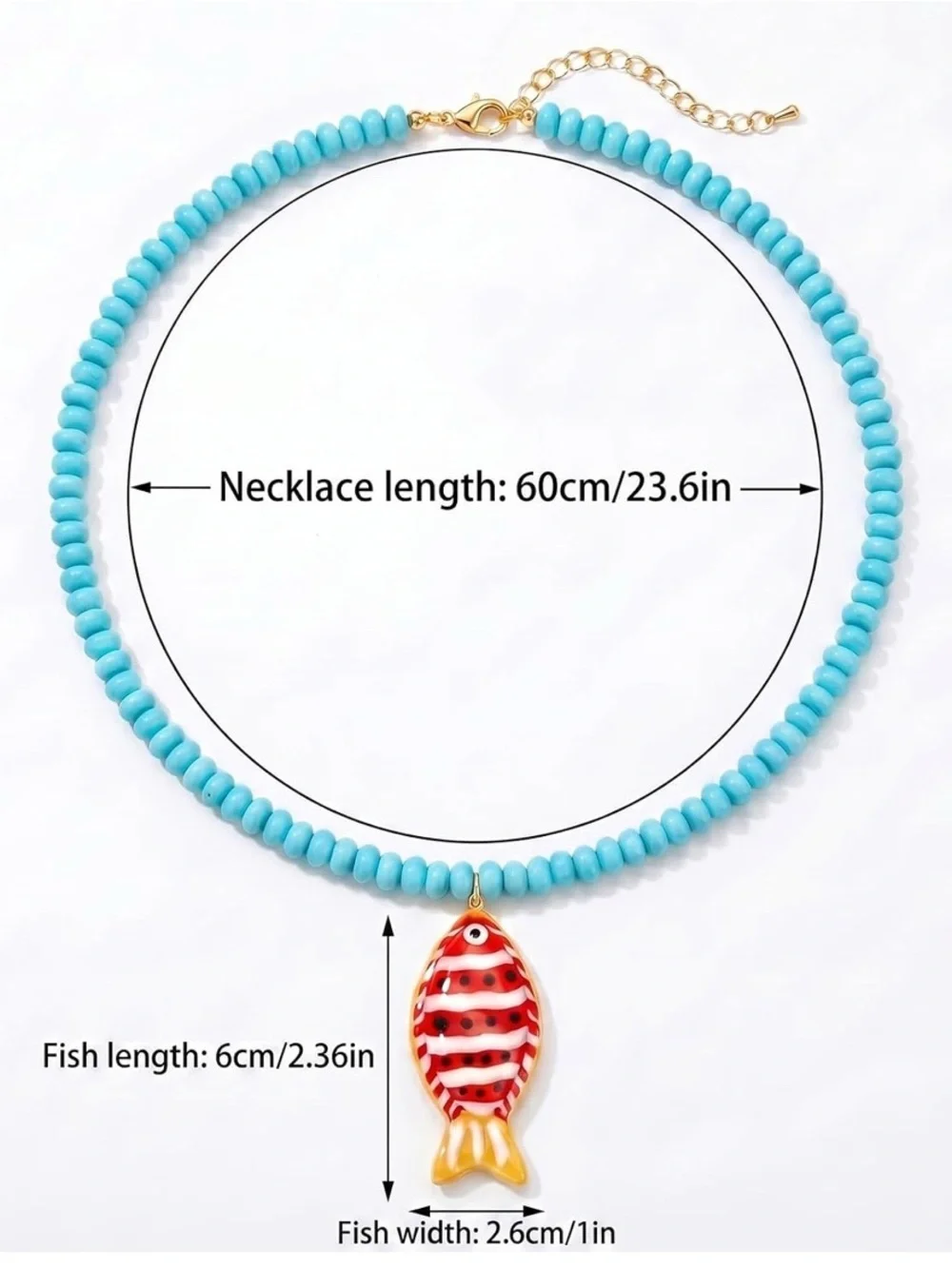 Turquoise Color Beaded Necklace with Red & Gold Fish Pendant